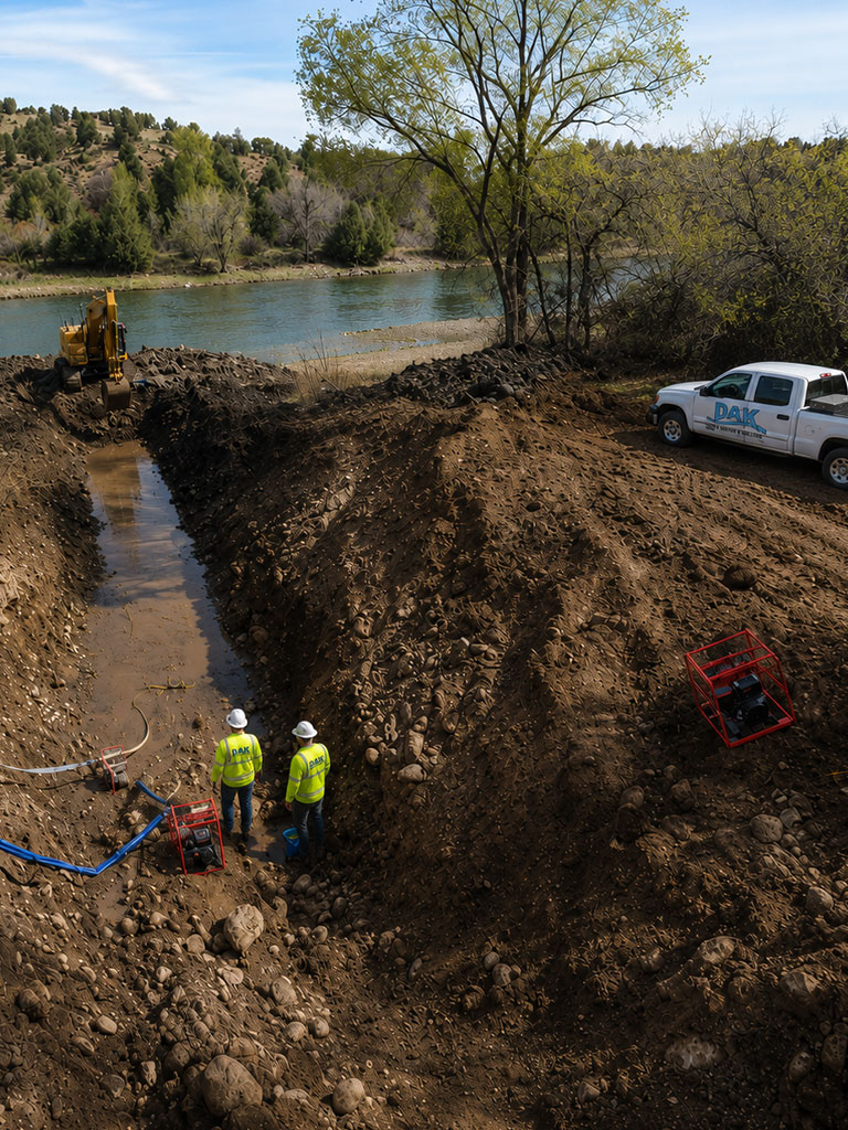 Gallery well system installed near a river showing underground water collection pipes and alluvial aquifer groundwater filtration in Colorado and New Mexico